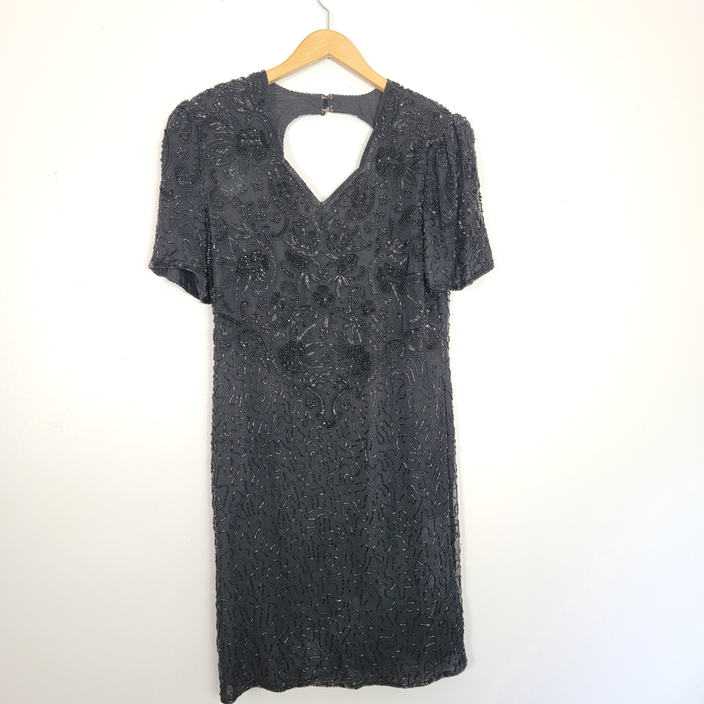 Scala Black Puff Sleeve Silk Dress Vintage Fully Beaded XL Evening Event
